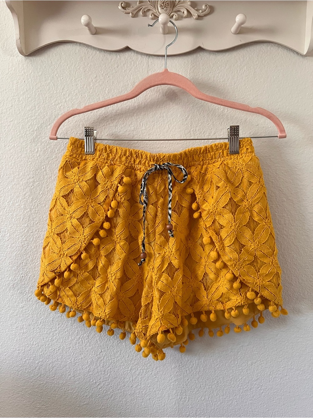 Tulip Cut Yellow Pom Trim Lace Women's Shorts Coverup
